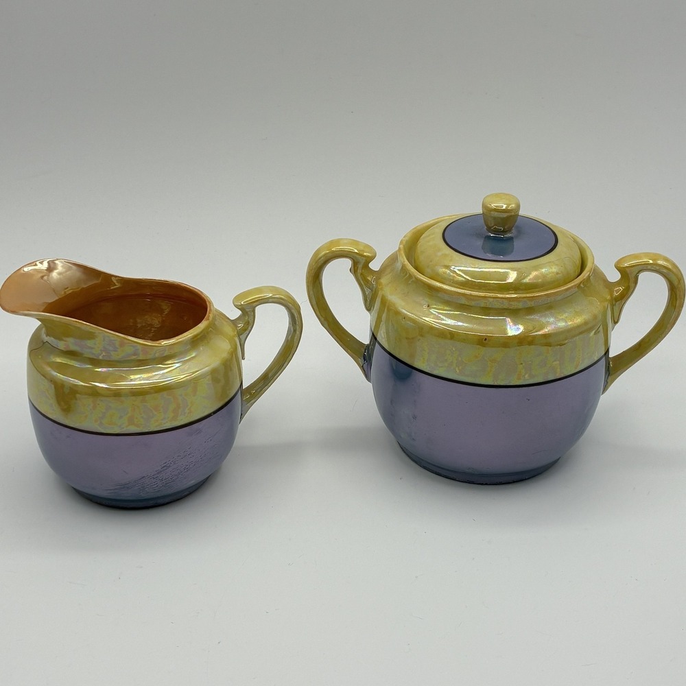 Vintage Iridescent Lusterware Sugar Bowl & Creamer Set Japan Gold Purple Tea